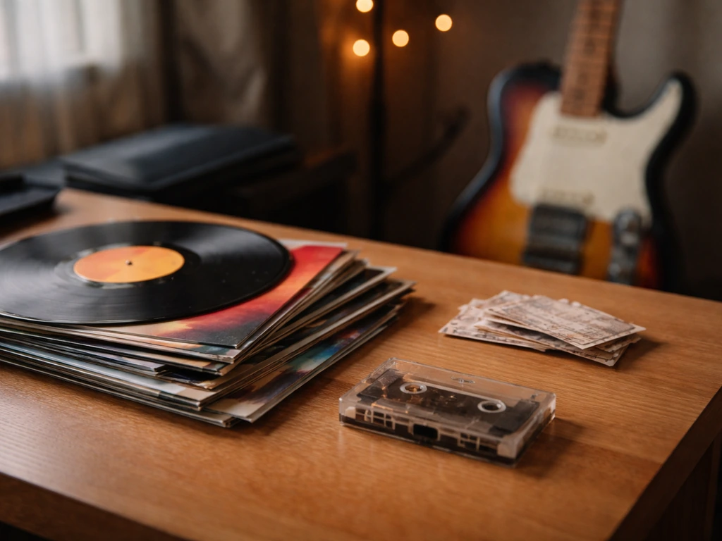Minimal music-income scene with vintage vinyl records, stage lights, and a touring guitar on a studio desk.