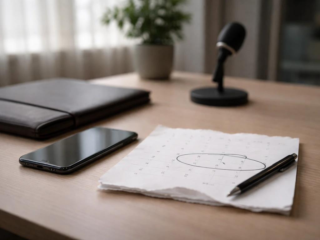 Minimal office desk with an updated calendar page, phone, and business tools suggesting recent changes