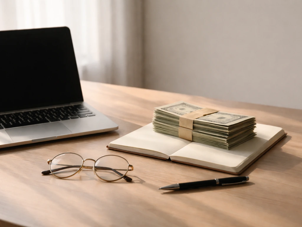 Close-up of a notebook with several loose cash envelopes beside a laptop in a quiet office, no visible text.