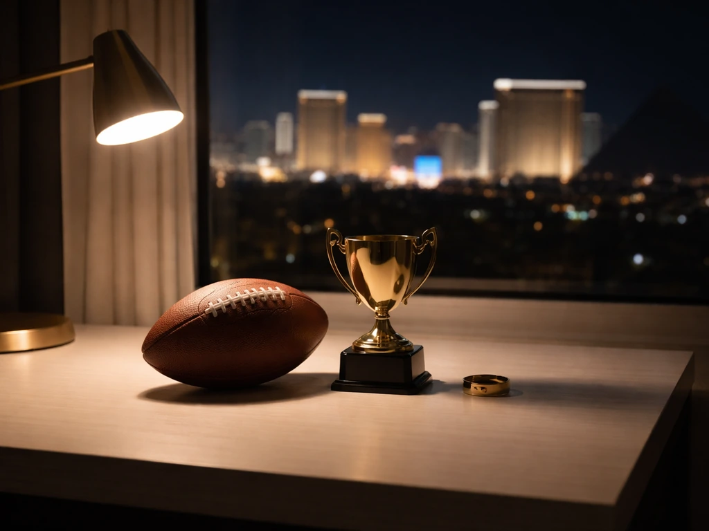 Minimal desk scene with small football, gold ring, and city skyline, evoking key financial milestones.