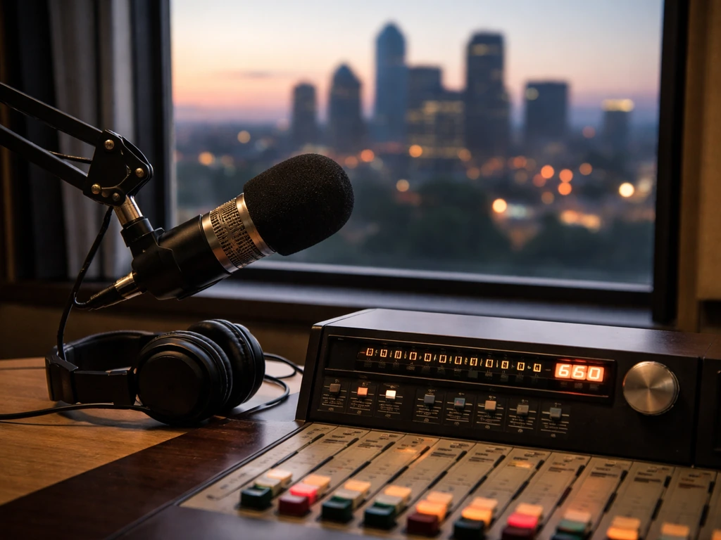 Radio studio desk with microphone, headphones, and blurred Dallas skyline through a window at dusk.