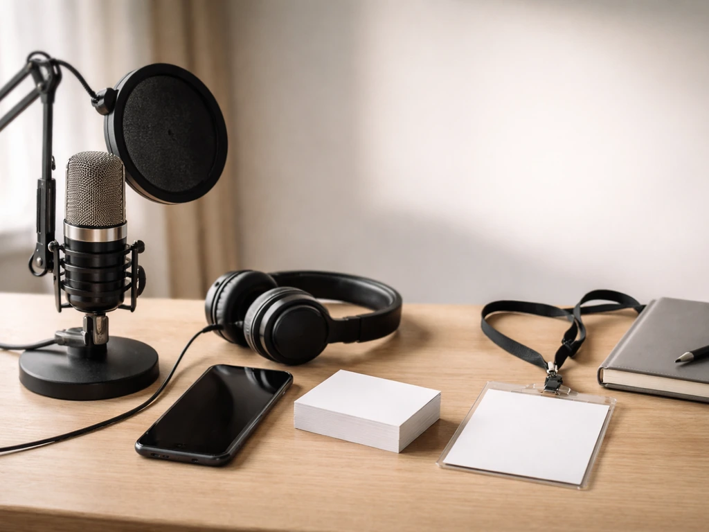 Studio desk with microphone, headphones and phone, and an event badge to suggest radio host income streams