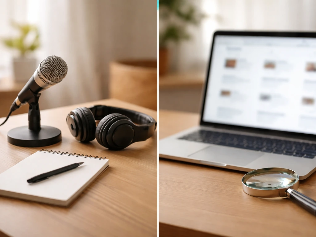 Split view of two photo textures: one shows a radio studio desk, the other a web-like page blur with verification tools.