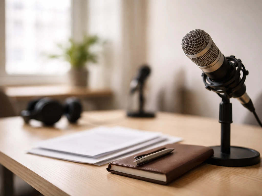 Quiet podcast studio desk with a microphone and business documents, symbolizing the correct expert profile