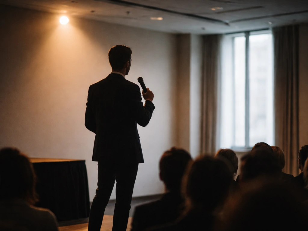 Speaker silhouette at a small stage delivering a talk in a quiet conference room