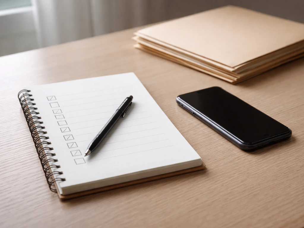 Close-up of a notebook and phone with a pen beside a small stack of folders, verification-themed checklist scene