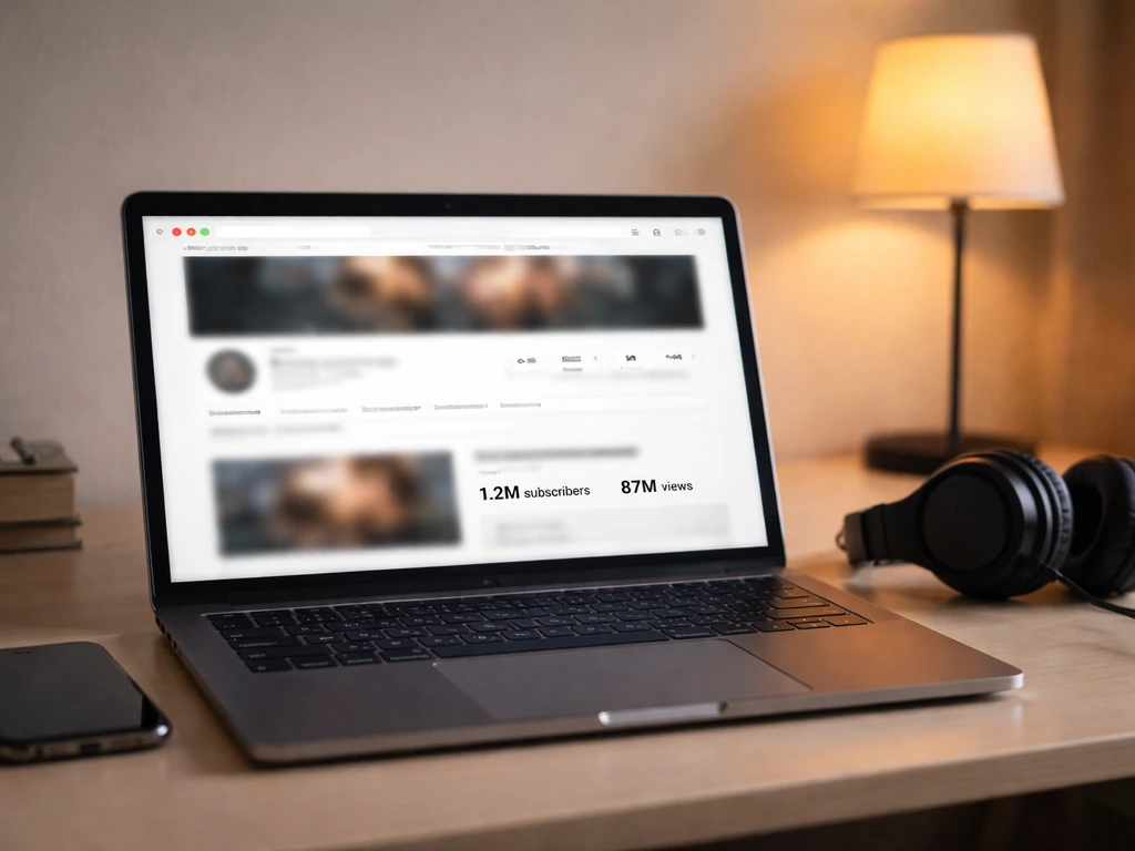 Laptop and smartphone on a desk with blurred YouTube-style channel stats for net-worth analysis