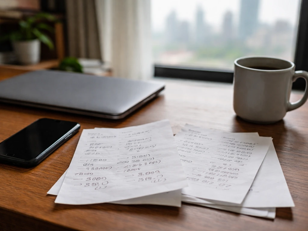 Desk with phone and mismatched papers showing different handwritten figures and dates, no readable text.