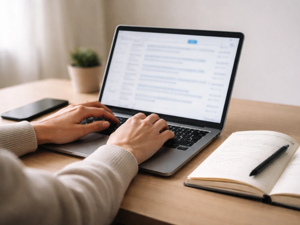 Hands using a laptop and phone in a quiet office, suggesting database searching and saving evidence