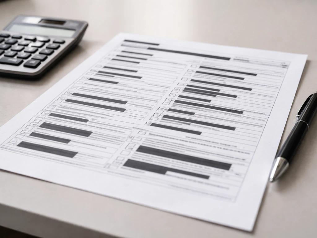 Close-up of a government disclosure form with redacted fields, beside a calculator on an office desk.