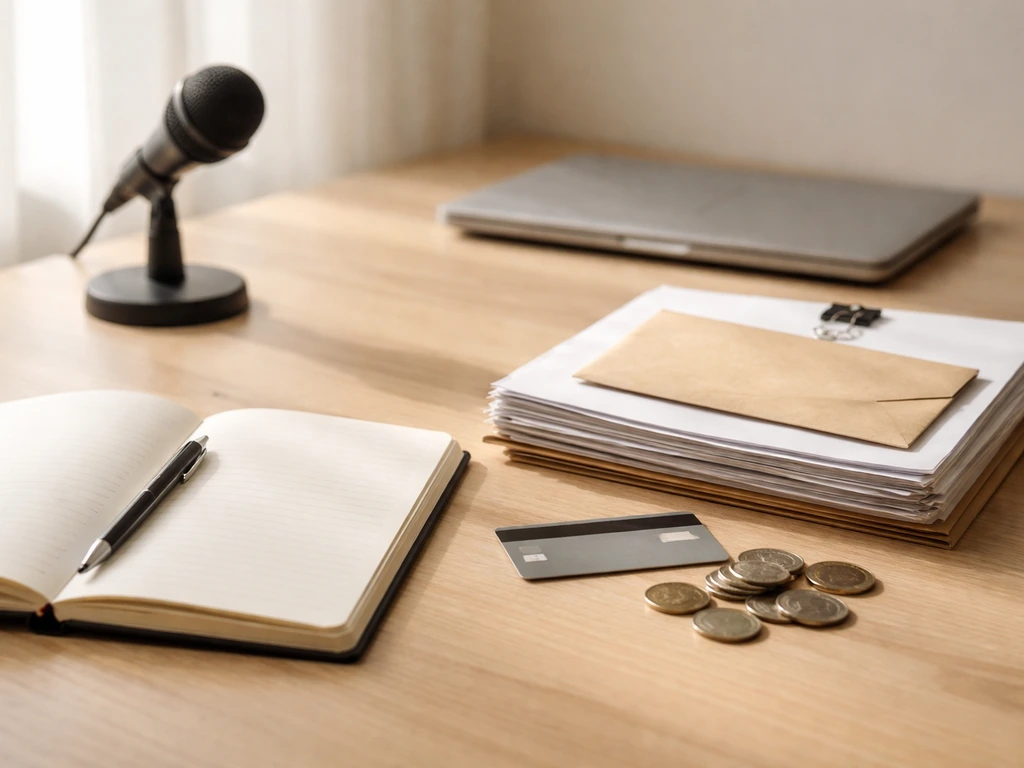 Minimal desk scene with documents and a sealed envelope beside a laptop, symbolizing government and private income