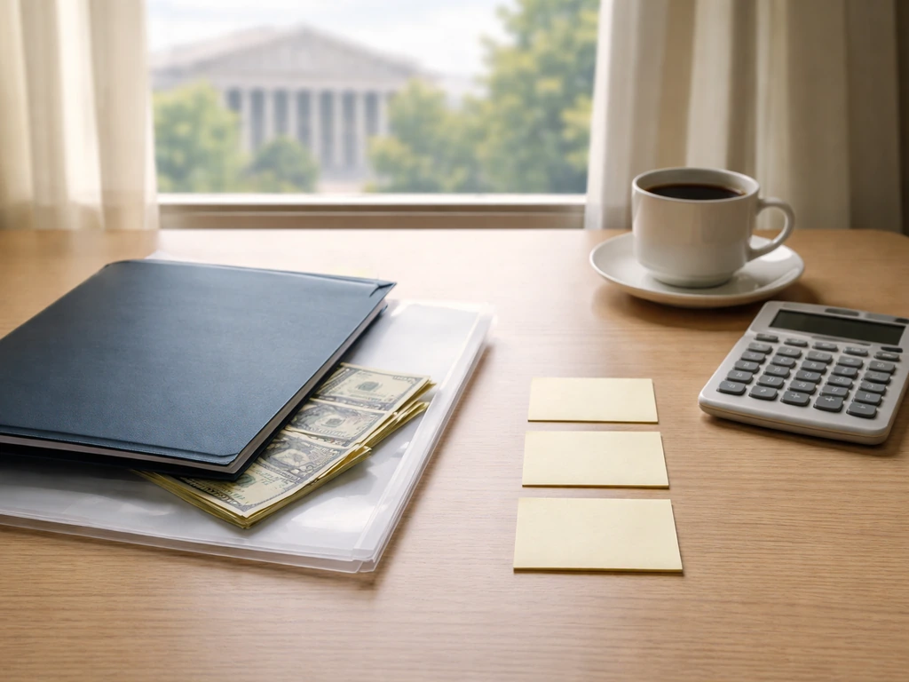Minimal office desk with money, calculator, and blank notes symbolizing government salary feeding net worth.
