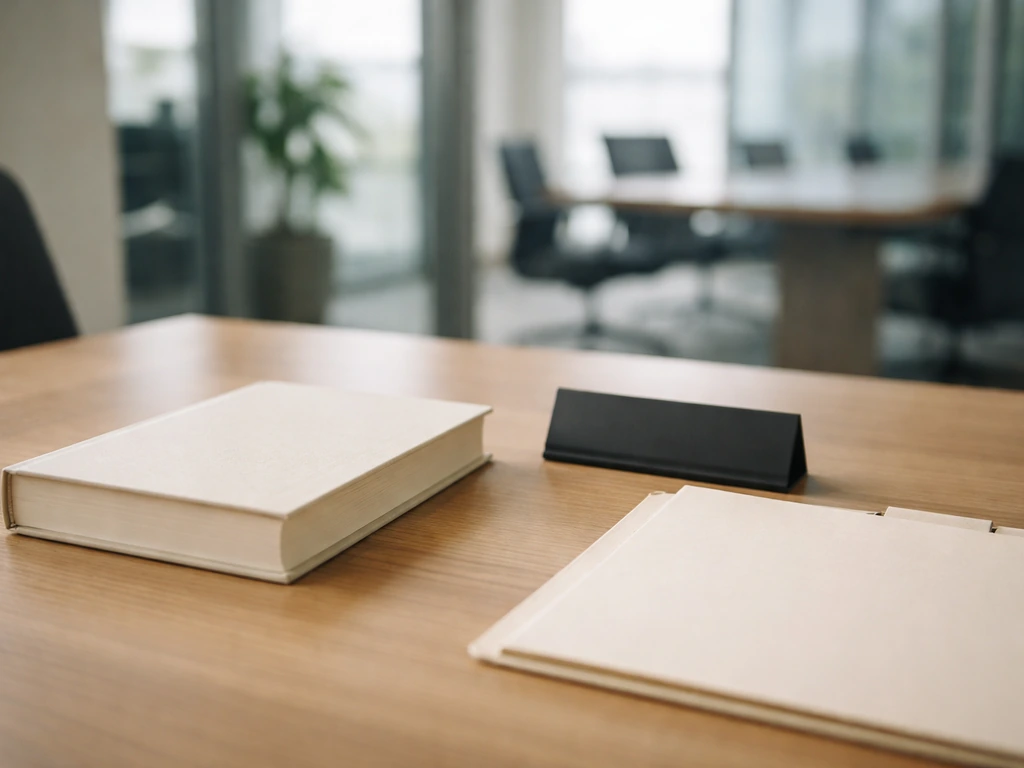 Minimal desk scene with a blank hardcover book and corporate folder symbolizing board role and memoir income.