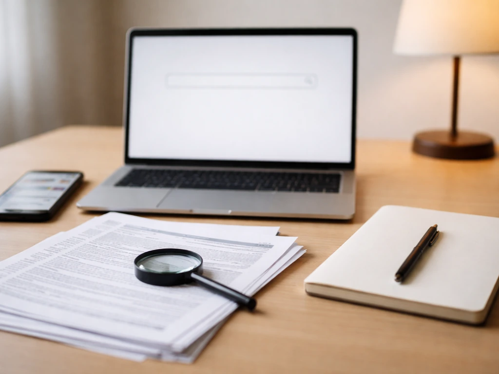 Desk with laptop and government forms, magnifying glass, and blurred finance/news phone—research workflow scene.