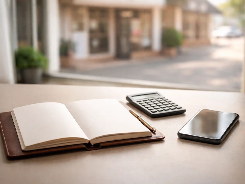 Close-up of a notebook, calculator, and smartphone on a desk beside a blurred business storefront backdrop.