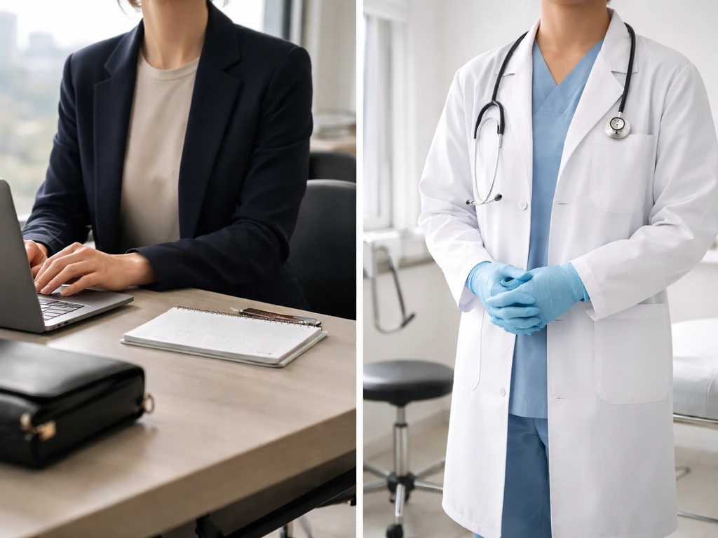 Split-screen of two anonymous professionals: one in a business office, one in a medical setting