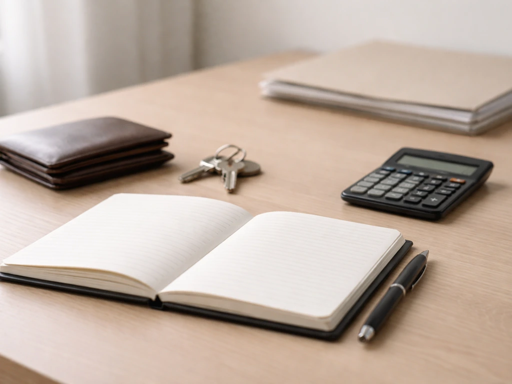 Minimal office scene showing a notepad, wallet, and keys beside a calculator to symbolize assets minus debts.