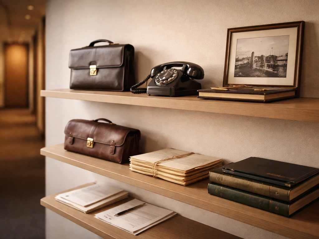 Minimal office shelf of business items suggesting early-to-later career growth, no people, no text.