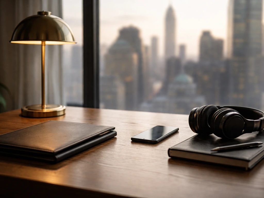 Minimal executive desk by a window with portfolio, headphones, and skyline—authoritative business hero image.