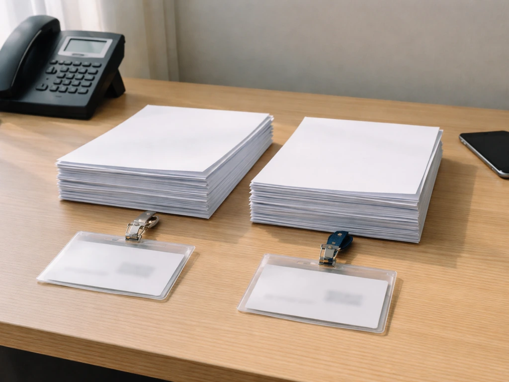 Two blurred business name badges and documents on a desk, suggesting verifying identities