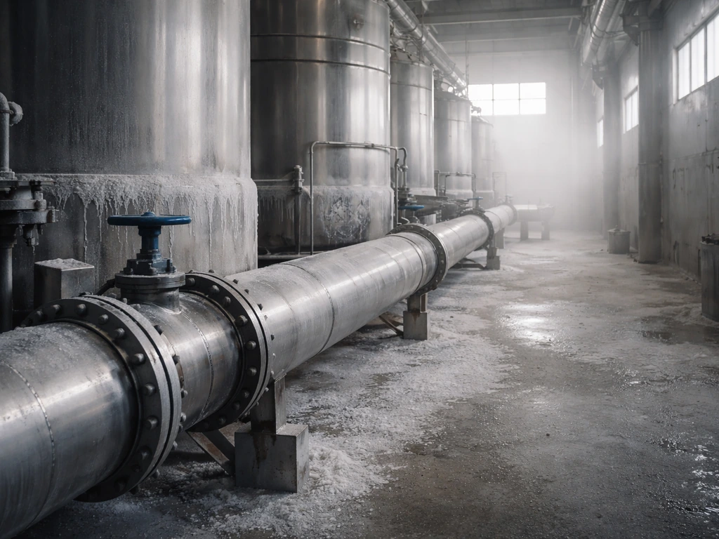 Minimal photo of a salt-processing industrial facility with pipes and tanks, suggesting private-sector executive busines