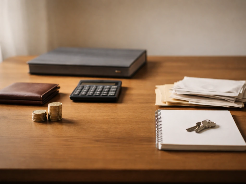 Minimal photo of a desk with a calculator, coin stack, and scattered documents suggesting assets minus liabilities