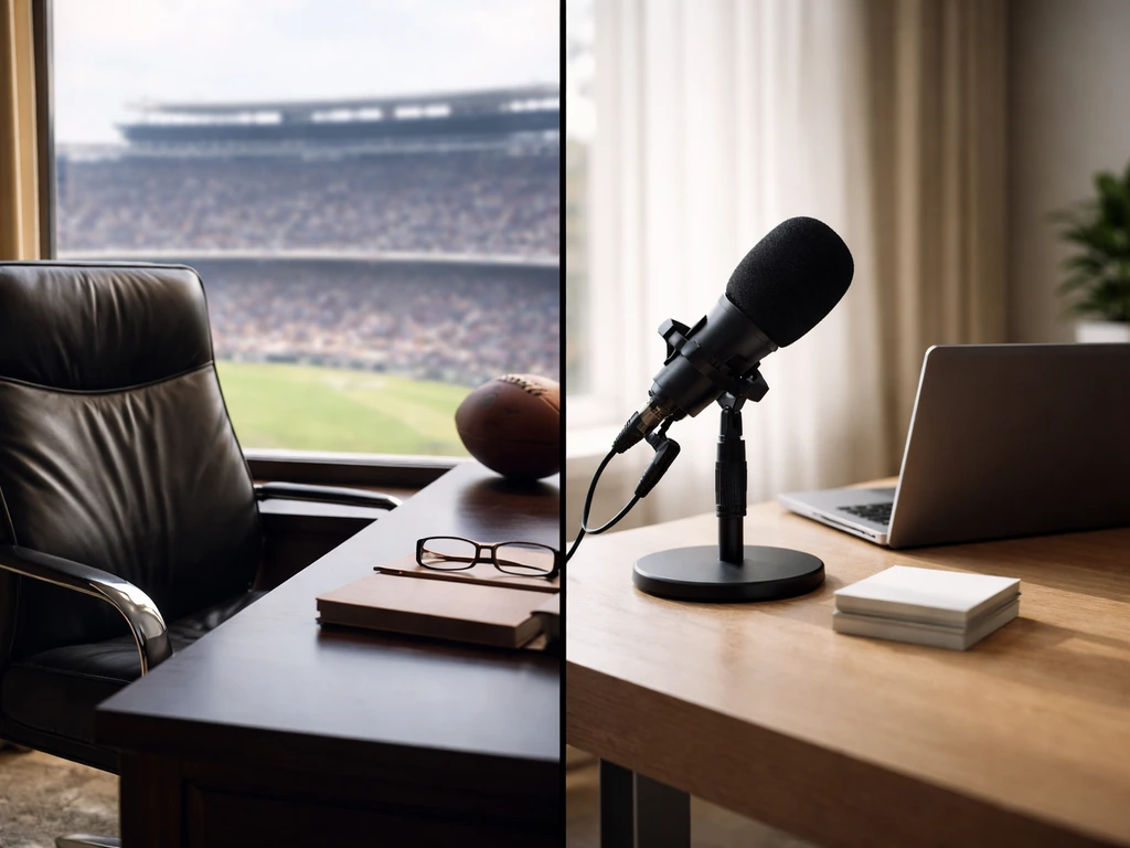 Two simple side-by-side office scenes suggesting sports ownership and business/media analysis, no people or text.