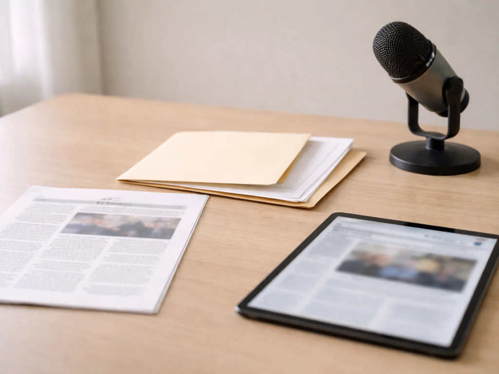 Minimal desk scene with printed business articles, a folder of filings, and a tablet showing news—no people.