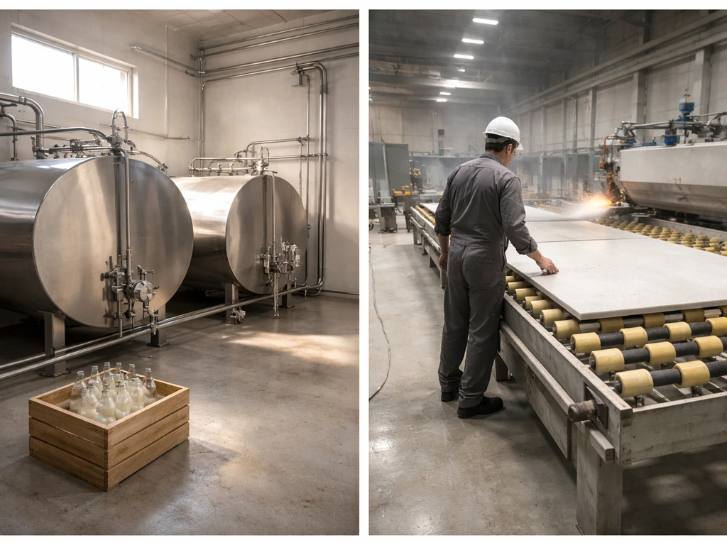 Two-panel scene: dairy processing tanks on the left, quartz manufacturing with slabs on the right.