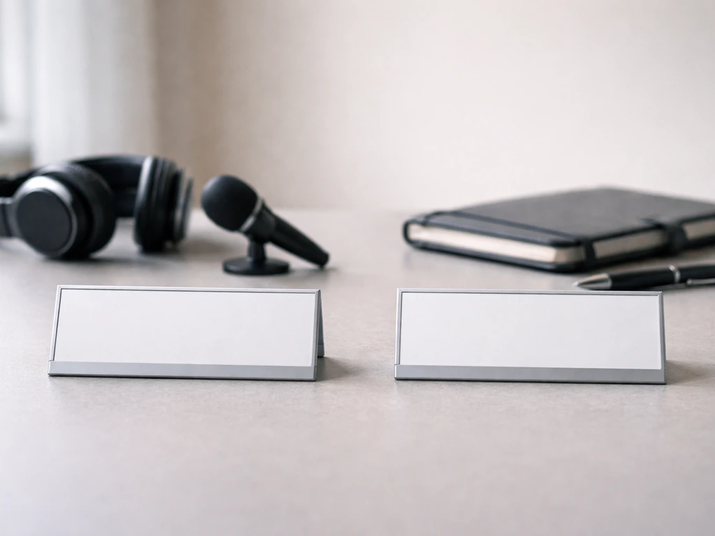 Two side-by-side generic nameplate cards on a desk with sports and finance props, no text.