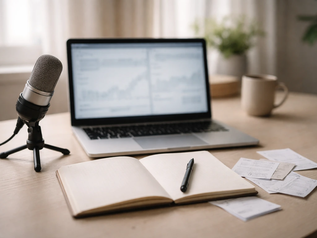 Minimal desk scene with a laptop and microphone, symbolizing how media net worth estimates are calculated