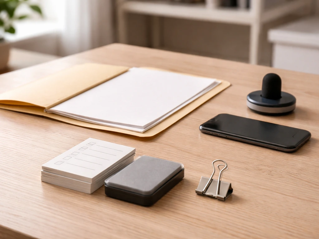Minimal desk scene with papers, a smartphone, and a folder symbolizing verifying a media contract estimate.
