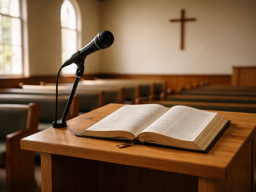 Empty church sanctuary with lectern, open Bible, and microphone, softly lit for a teaching atmosphere