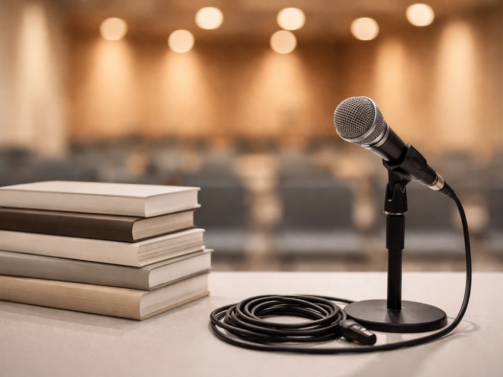 Book, seminar stage setup, and microphone in a simple studio scene symbolizing multiple income streams
