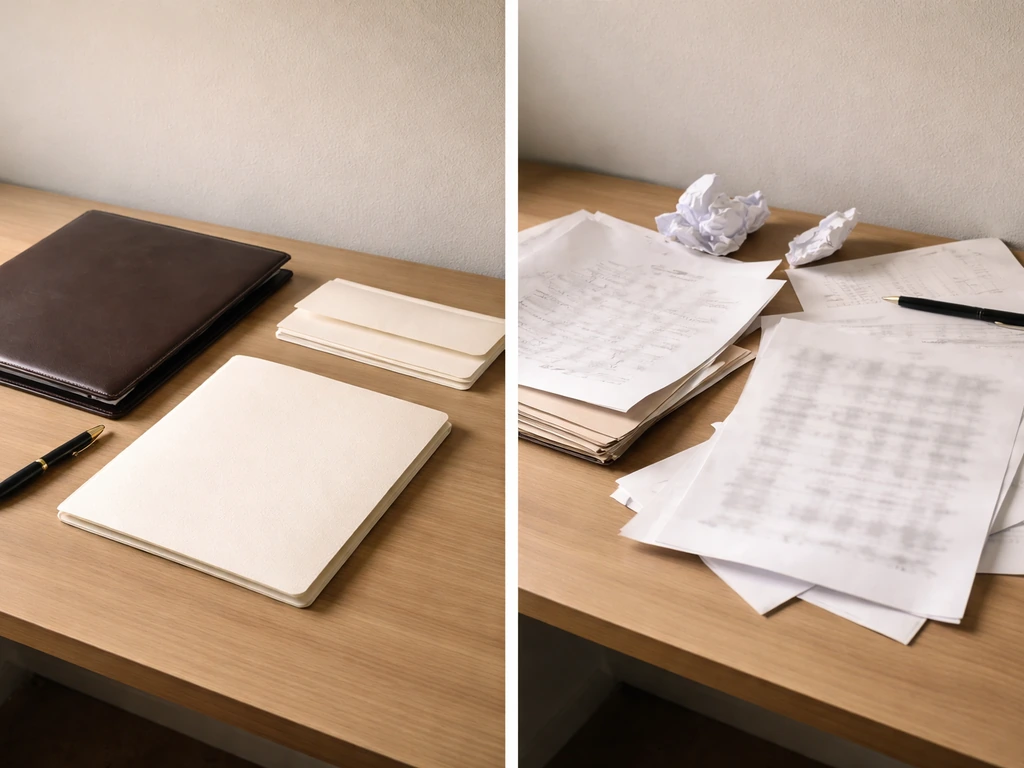Minimal split scene: a tidy folder with official-looking documents on one side, and scattered papers on the other