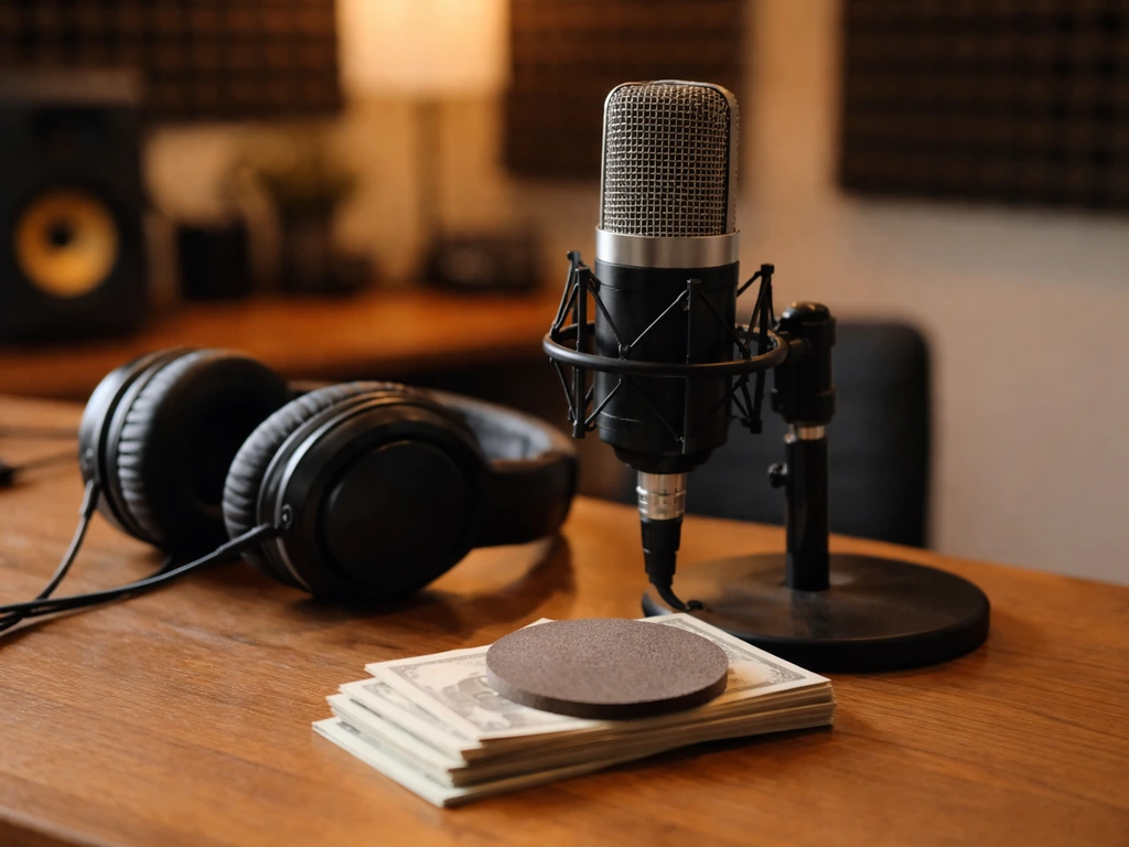 Minimal photo of a music studio desk with a microphone and cash-like props, symbolizing a specific celebrity profile sea