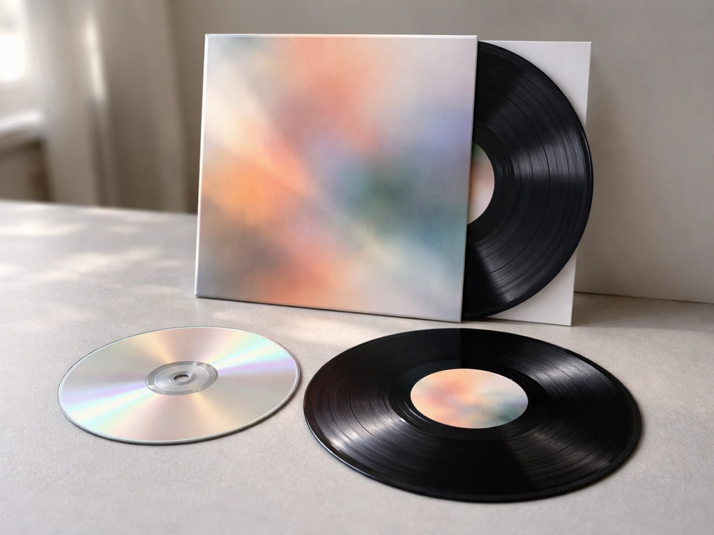 Close-up of a physical album CD and vinyl record on a clean studio table with soft light