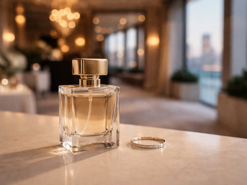 Luxury perfume and jewelry display on a clean vanity with a softly lit city backdrop, suggesting fashion endorsements.