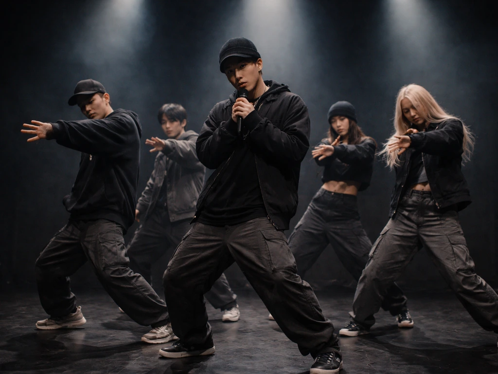K-pop performers on a simple stage under soft lights, suggesting group vs individual earnings concept