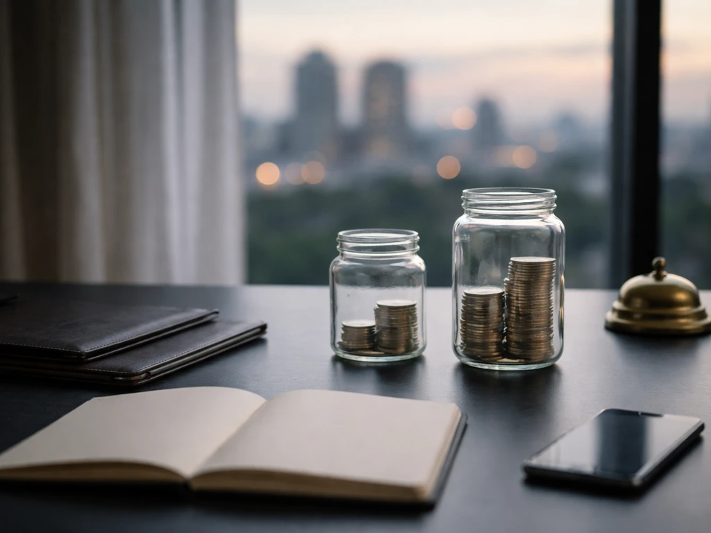Minimal desk scene with two coin jars suggesting a net-worth range, no text or numbers.
