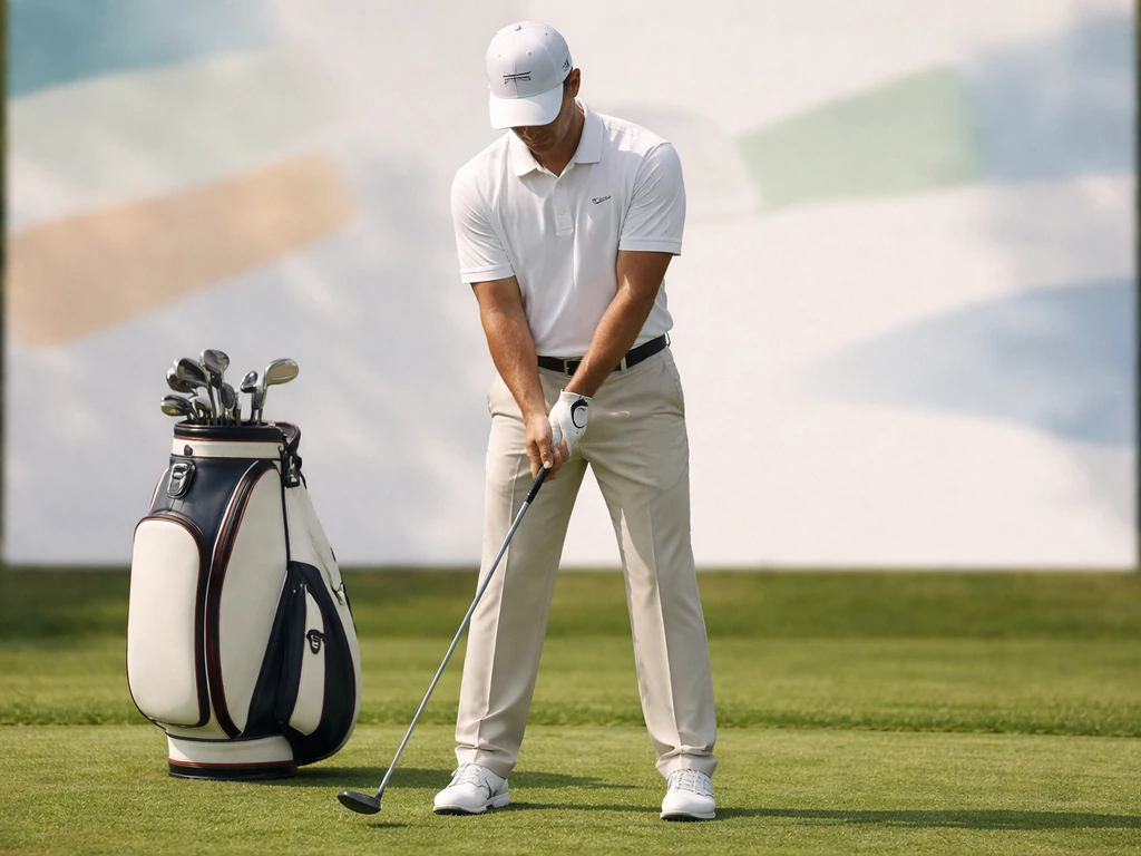 Anonymous golfer holding a club in front of a blurred sponsor-style backdrop, evoking 1990s endorsement shoots.