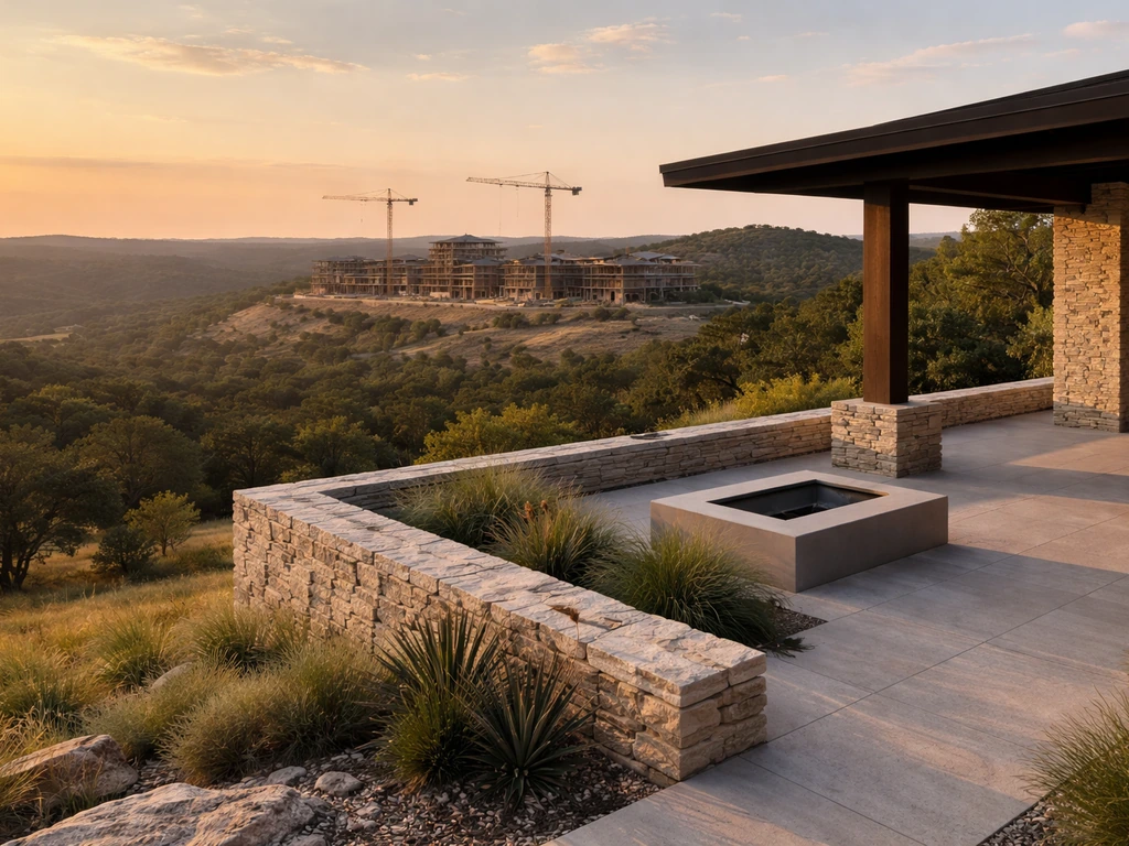 Texas hill-country overlook with distant cranes and luxury development buildings, golden hour, no people.
