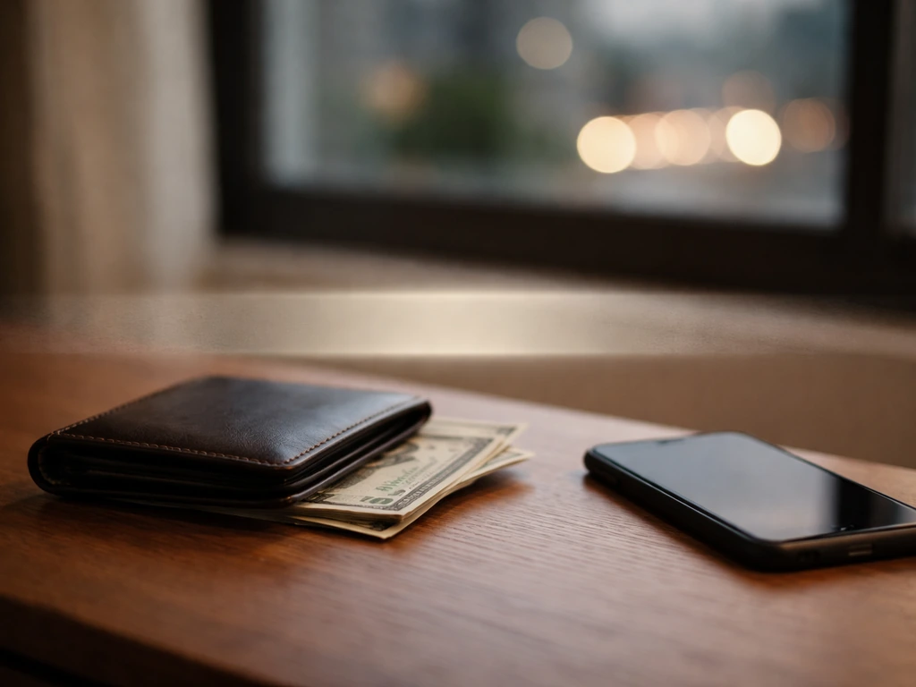 Minimal desk scene with a wallet, cash, and a soft band of uncertainty lighting to suggest net-worth range.
