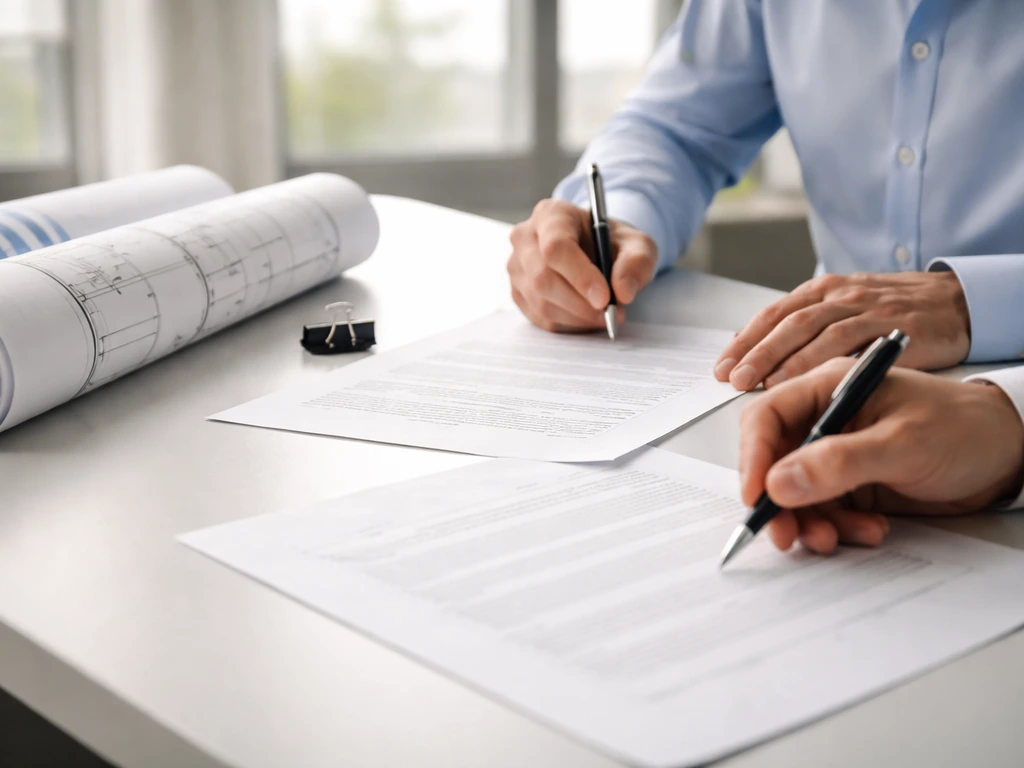 Hands signing commercial real estate documents with architectural plans on a quiet office desk.