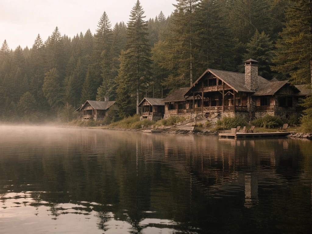 Lakeside view of a rustic Adirondack Great Camp-style lodge by calm water in the woods