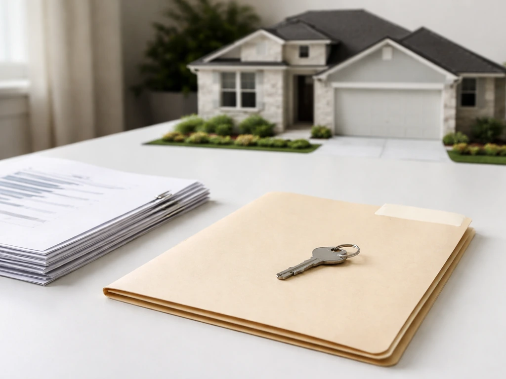 Minimal desk scene with a house facade model, key, and blank-folder with modern finance documents.