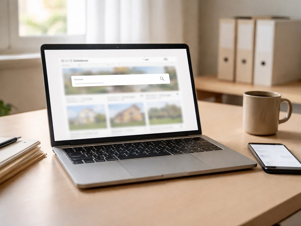 Laptop with a property search webpage and visible search bar on a desk, no readable text.