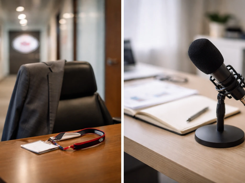 Minimal split scene of an NFL office suit desk vs a media/finance mic desk to disambiguate Mark Donovan.