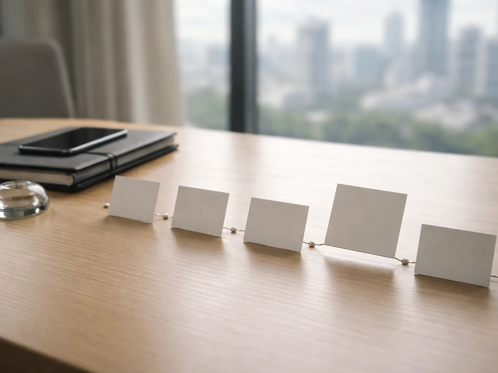 Minimal office desk scene with blank milestone cards and a phone, symbolizing a career and wealth timeline