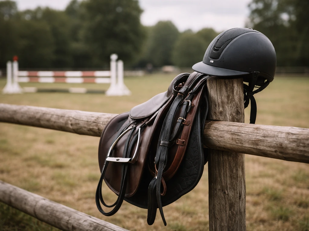 Eventing tack and helmet on a fence beside a blurred show jumping obstacle.